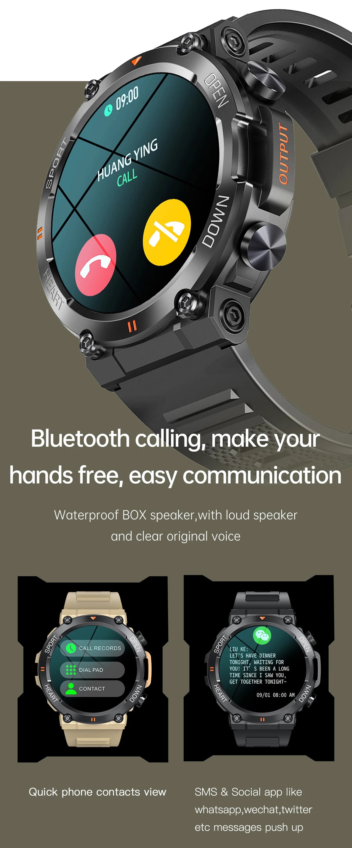SENBONO Men's Smart Watch  Big Screen Bluetooth Call 400mAh Military Outdoor Sports Fitness Tracker Smartwatch Men Women K56