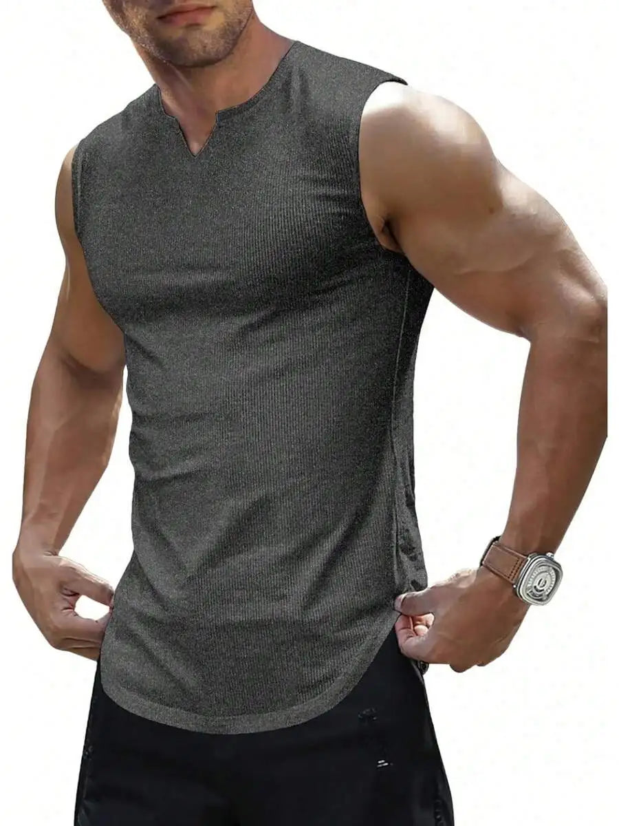 Mens Ribbed Knitted Tank Top Sleeveless Fitness Gym T-Shirt