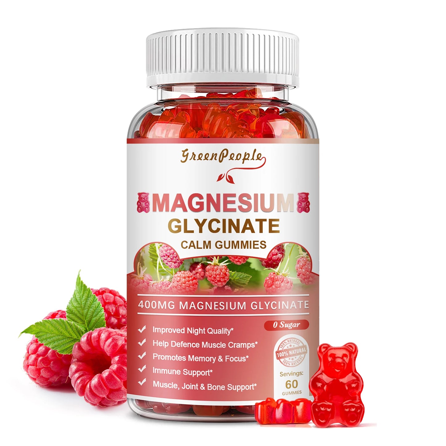 Greenpeople Magnesium Glycinate Gummies with Magnesium Malate,Vitamin D,B6 & CoQ10 for Calm Support & Sleep for Adults Raspberry
