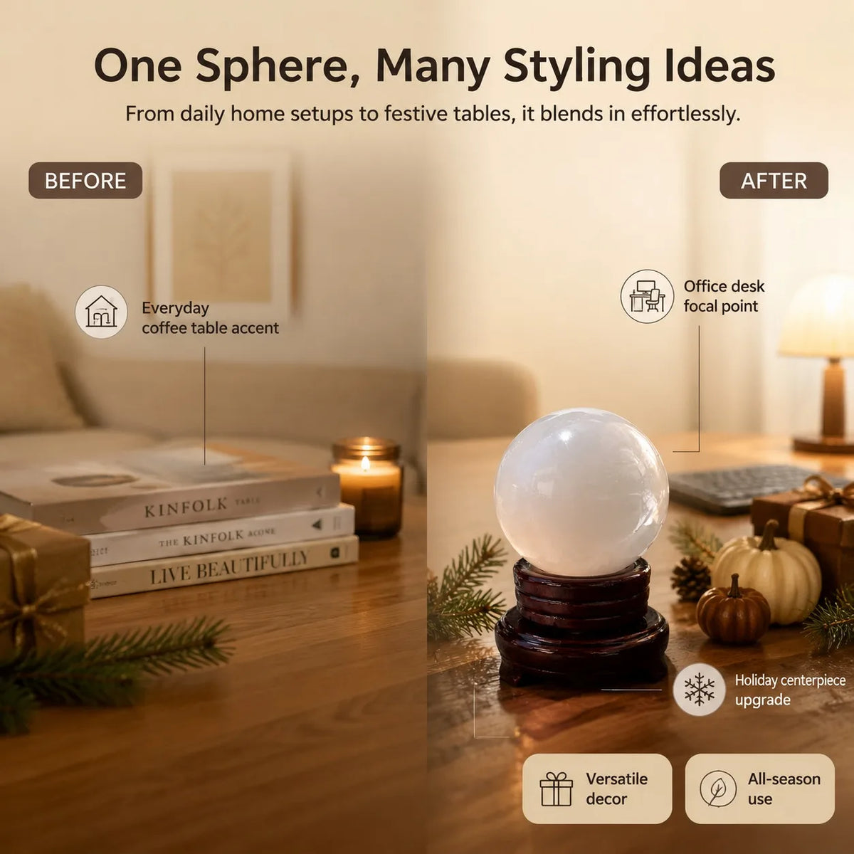 1 white quartz crystal ball, mineral specimen, random style, polished crystal ball, elegant decorative ornament, suitable for home office living room decoration, is the perfect birthday gift for family, friends, and crystal e