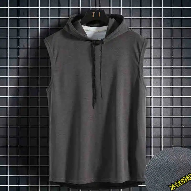 Men's lace up hooded sleeveless vest, men's summer loose solid color hip-hop T-shirt top, sports vest