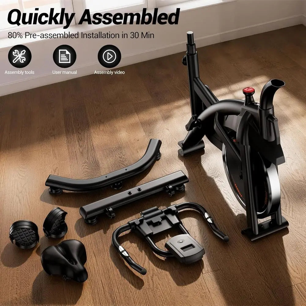 Stationary Exercise Bike Belt Drive Silent 0-100 Resistance With App Heart Rate Tablet Bottle Holder 300LB Home Cycling Workout