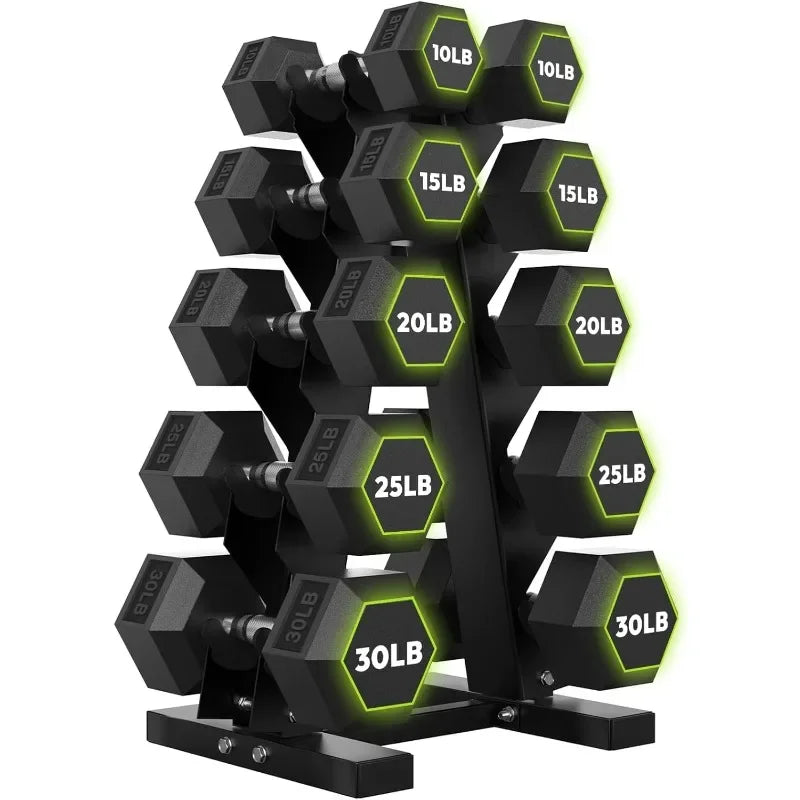 HANDBODE Rubber Coated Hex Dumbbell Set with A-Frame Rack, 100 lb - 550 lb Multiple Options Weight, Hexagon Non