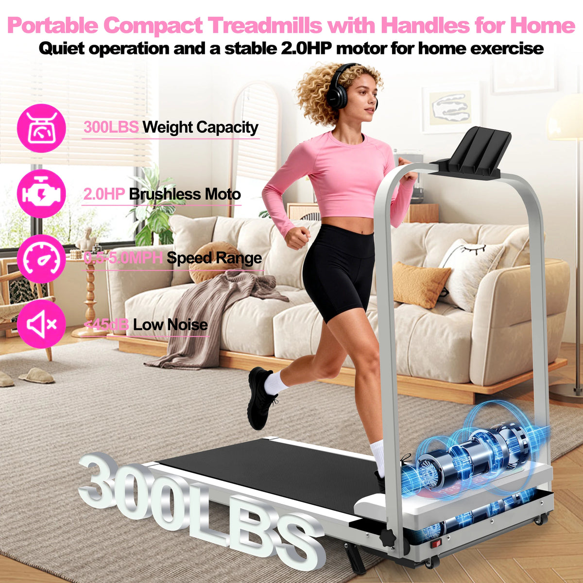 2.0HP Foldable Treadmill with Incline & Handle, 2-in-1 Under Desk Walking Pad with Vibration Plate, Portable Running Machine for Home Office Small Spaces, 300LBS Capacity