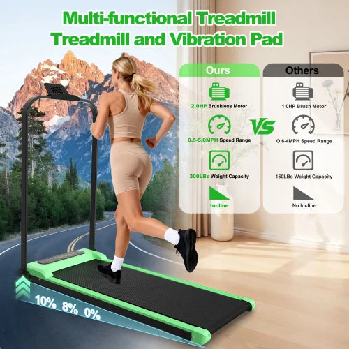 2.0HP Foldable Treadmill with Incline & Handle, 2-in-1 Under Desk Walking Pad with Vibration Plate, Portable Running Machine for Home Office Small Spaces, 300LBS Capacity