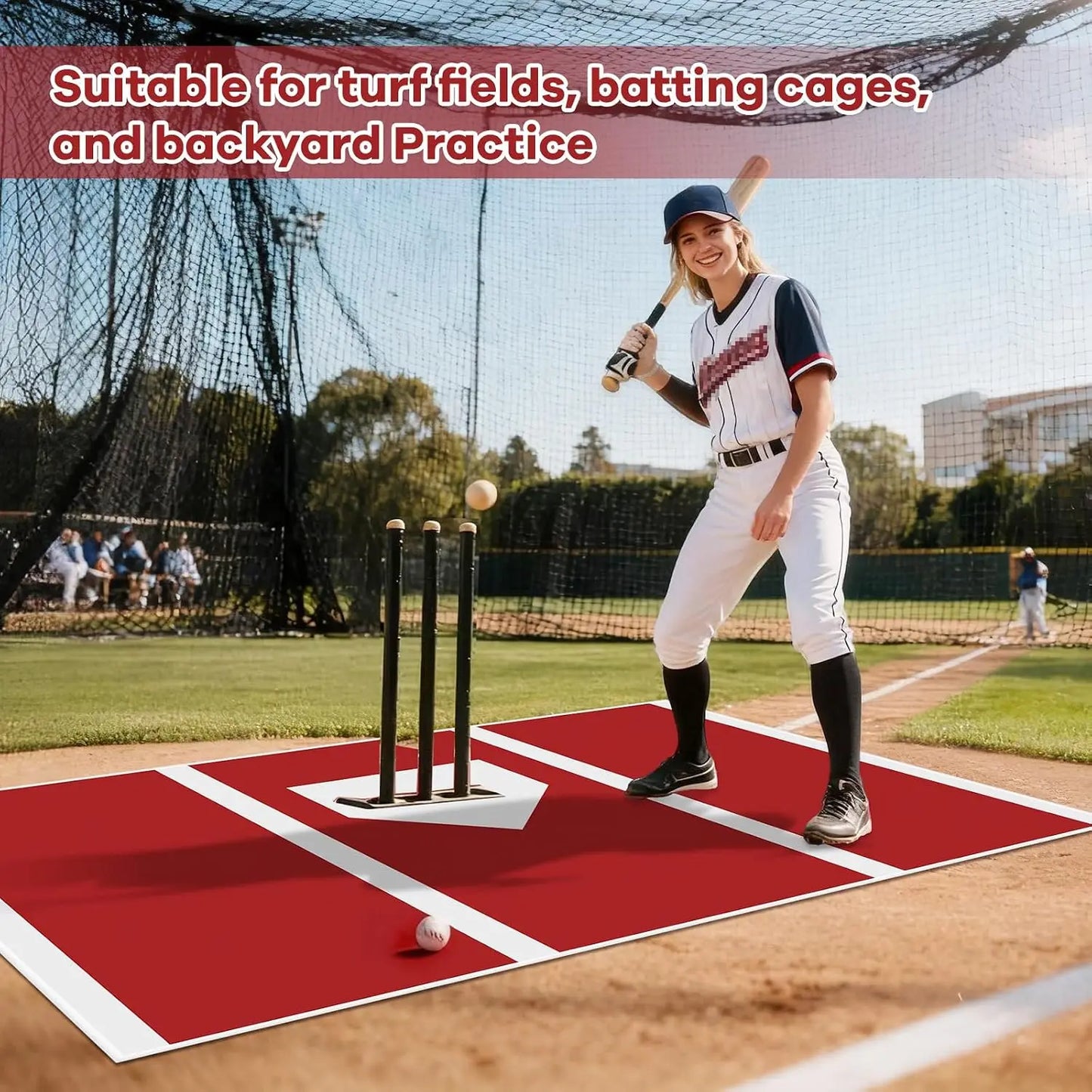 6 x 4 ft Baseball Hitting Mat with Non-Slip Rubber Backing, High-Visibility Stripes, Cushioned Surface, Durable Indoor/Outdoor Batting Mat, Portable Batting Stance Practice Mat