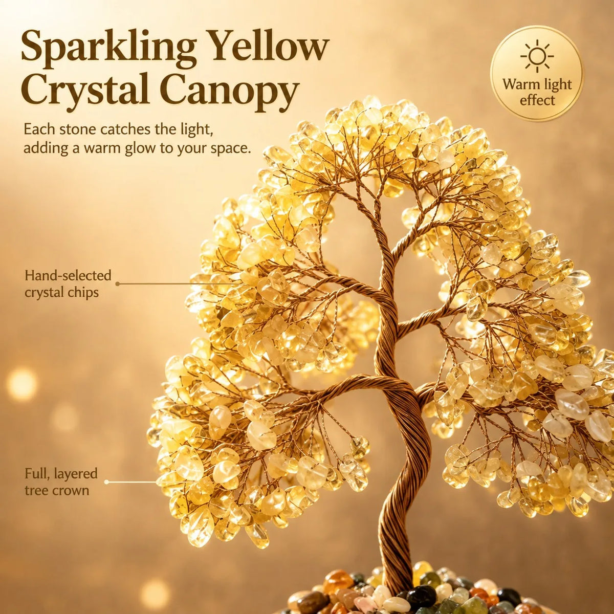 Natural high-quality yellow agate bottom crystal wealth tree, Bohemian style, suitable for home, office, living room desktop decoration, housewarming gifts, exclusive to crystal collectors