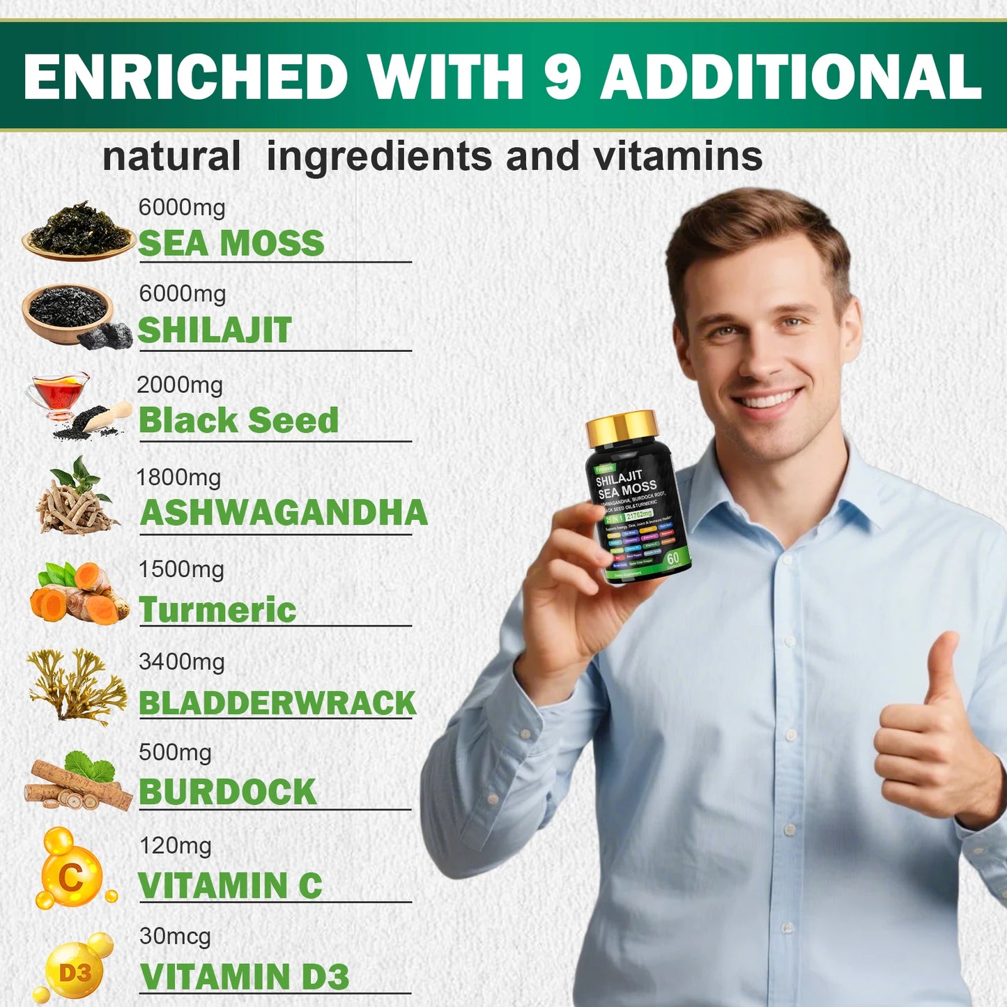 Sea Moss Shilajit Ashwagandha , Sea Moss Capsule Supplement with Turmeric Burdock Root Bladderwrack Vitamin C Vitamin D3 Enhanced Immunity & Energy Black Seed Oil Capsule