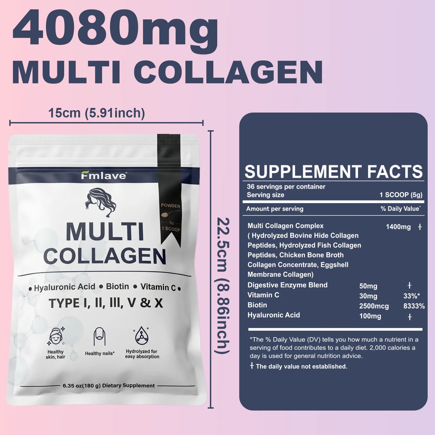 Fmlave  Ingredients Multi Collagen Peptides Powder,  – Hydrolyzed Type I,II,III,V,X with Biotin, Hyaluronic Acid, Vitamin C – Unflavored Collagen for Women & Men, Easy Dissolve