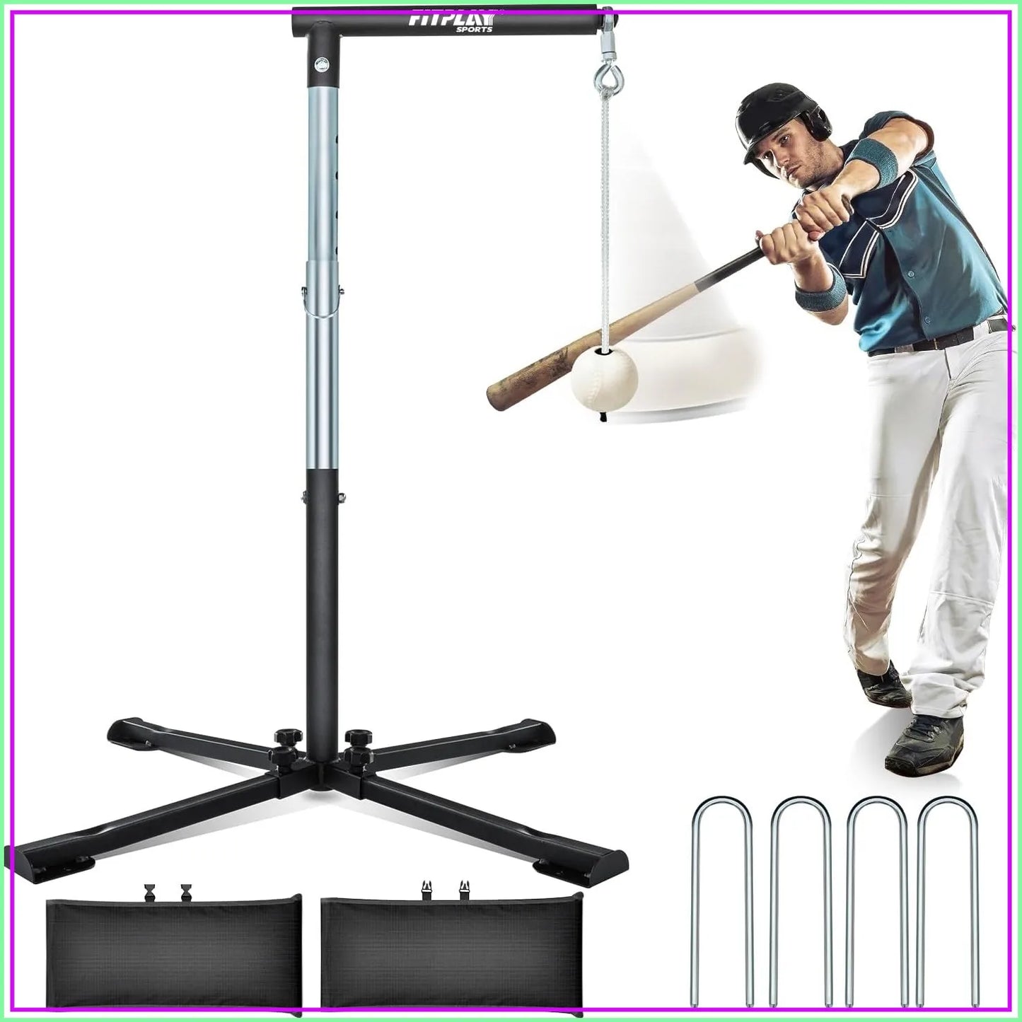 Height Adjustable Batting Tee with Tethered Ball, 20" to 45" | Metal X-Base with 4 Ground Stakes & 2 Sandbags for Maximum Stability – Baseball & Softball Hitting Trainer