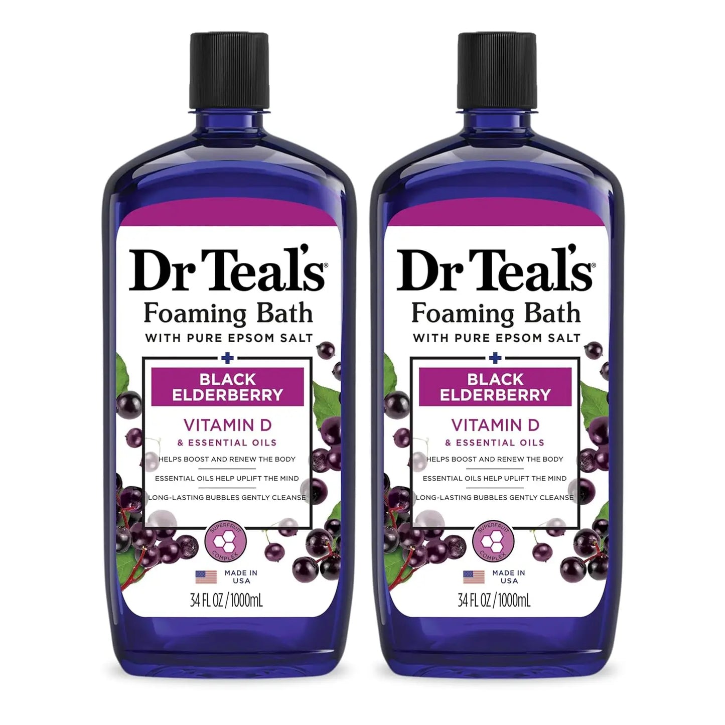 Foaming Bath with Pure Epsom Salt, Black Elderberry & Vitamin D, 34 fl oz (Pack of 2) - Relaxing & Mood Boosting