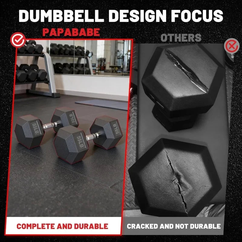 PAPABABE Hex Dumbbell Sets with Rack, 60-550lb Rubber Coated Dumbbell Weight Set and Storage Rack, Multiple