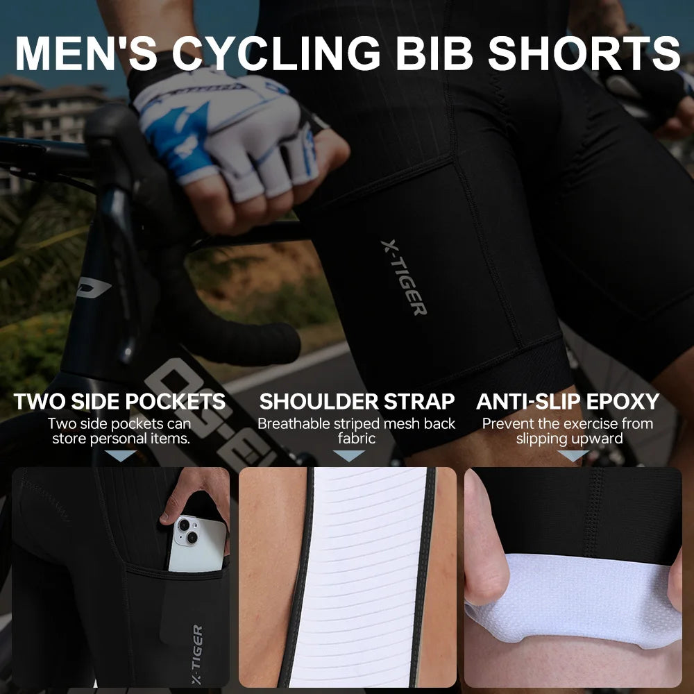 X-TIGER 2026 Men's Cycling Bib Shorts 7-Hour Competitive Version Summer Black Biking Shorts Hommes MTB Cycling Clothing Man with Pockets