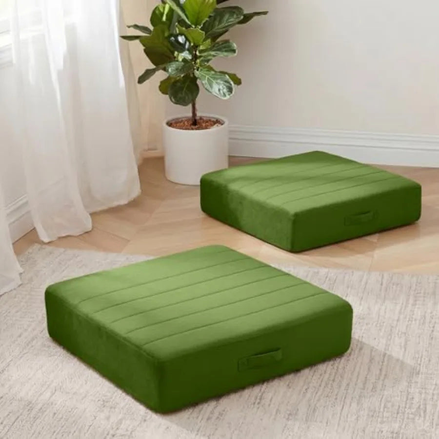 Square Floor Pillows for Adults,Sets Large Meditation Cushion with 5" Thick Foam and Washable Tufted Cover, Green Seat Floor Cu