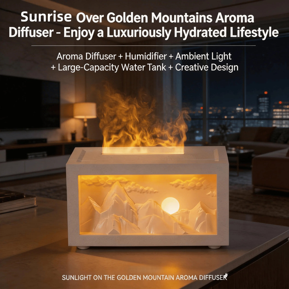 2026 New Sunrise Golden Mountain Themed Air Diffuser Humidifier, Aromatherapy Essential Oil Diffuser, Ultrasonic Aromatherapy Humidifier with Timer, Suitable for Home, Bedroom, Office, yoga Room.