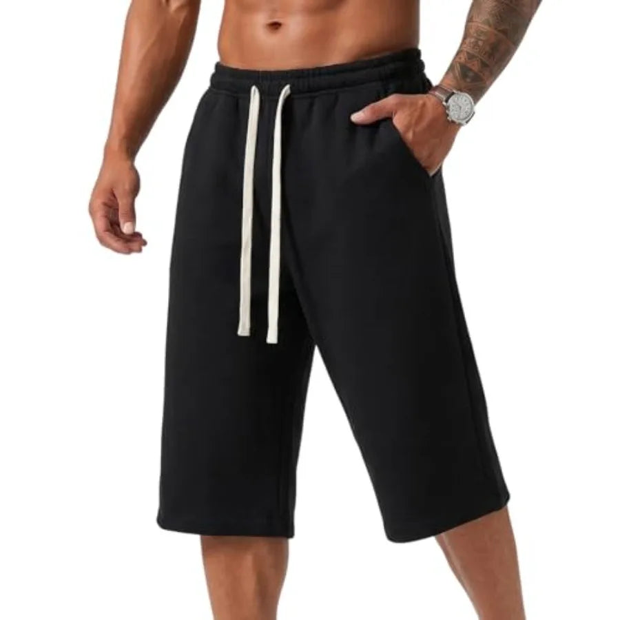Men's Baggy Sweat Shorts Cotton Long Below Knee Fleece Capri Shorts 11" Athletic Casual 3/4 Pants with Pockets