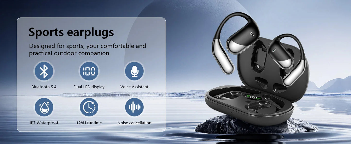 Open Ear Bone Conduction Headphones，,Over Ear Earbuds With Ergonomic Earhook,Bluetooth Headphones 5.4 With Smart Digital Display