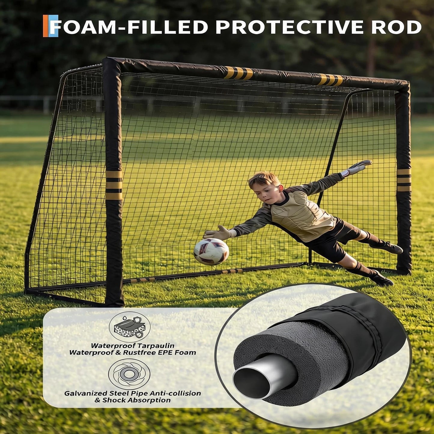 10x6.5FT Soccer Goal For Backyard Heavy Duty Galvanized Steel Soccer Net With Foam Padded Posts Ground Stakes Velcro Outdoor Training