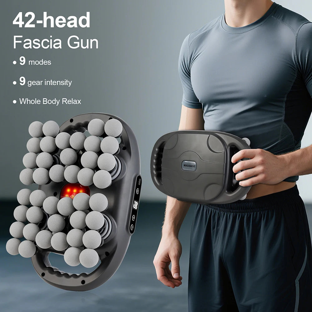 42 Heads Fascia Gun Wireless Vibration Body Massage Gun 9 Speed Red Light Deep Tissue Muscle Relax Massager for Gym Office Home