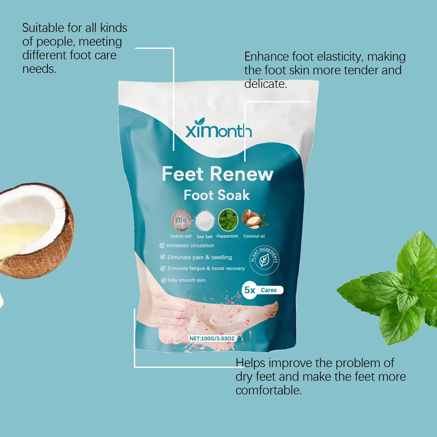 Foot Salt Bath Stress Relief Dead Skin Remover Deep Cleansing Bath Soak Magnesium Moisturizing Body Feet Relaxing Bath Salt 100g