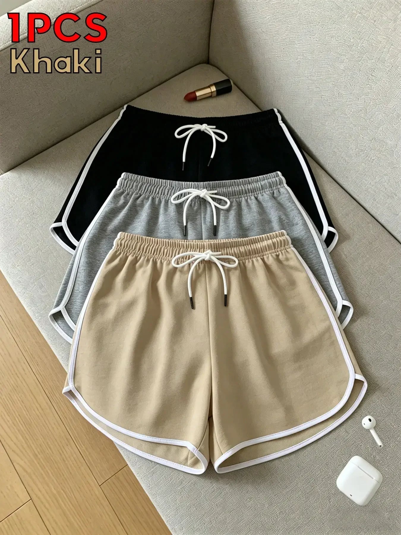 2026 Women's Summer Casual Sports Shorts, Black Base With White Trim, Elastic Drawstring Waist, Comfortable Breathable Outdoor Fitness Shorts