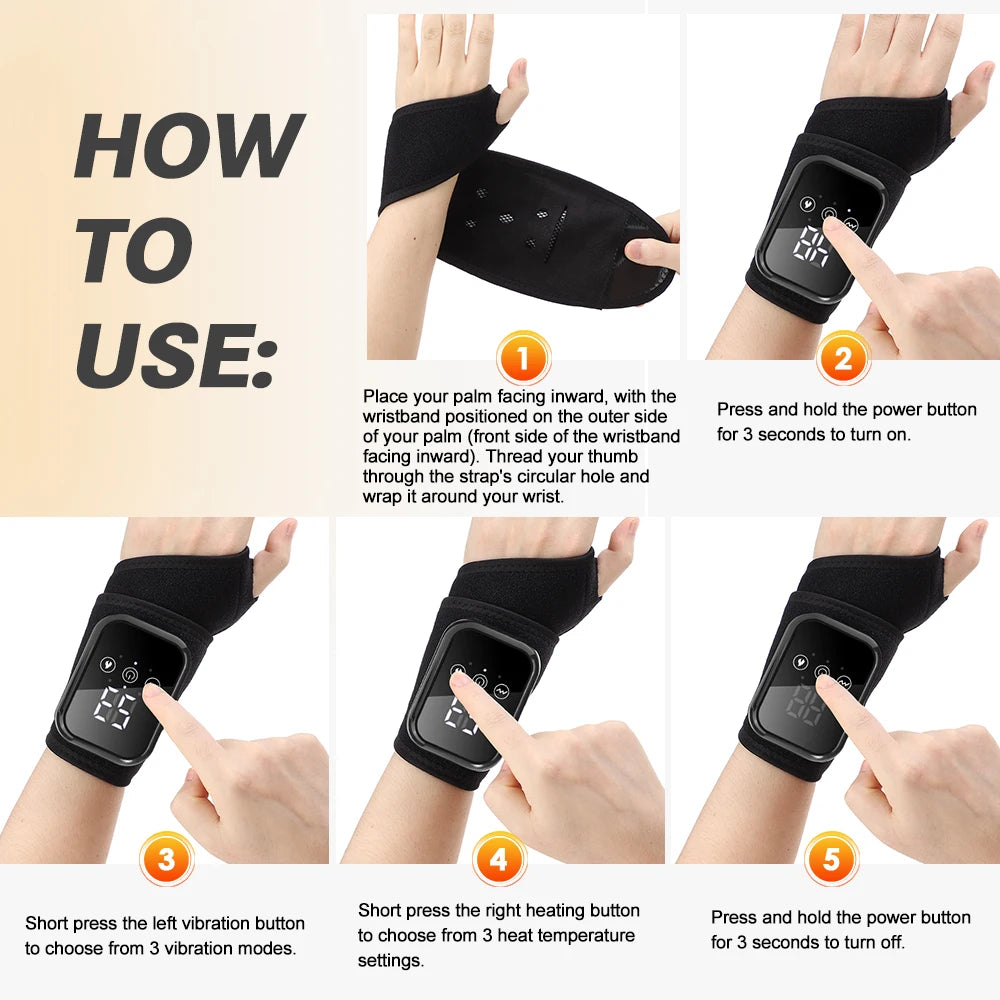 Electric Heating Wrist Massager Wrist Brace Protector Wrap 3 Vibration Modes Hand Massage 15 mins Timer