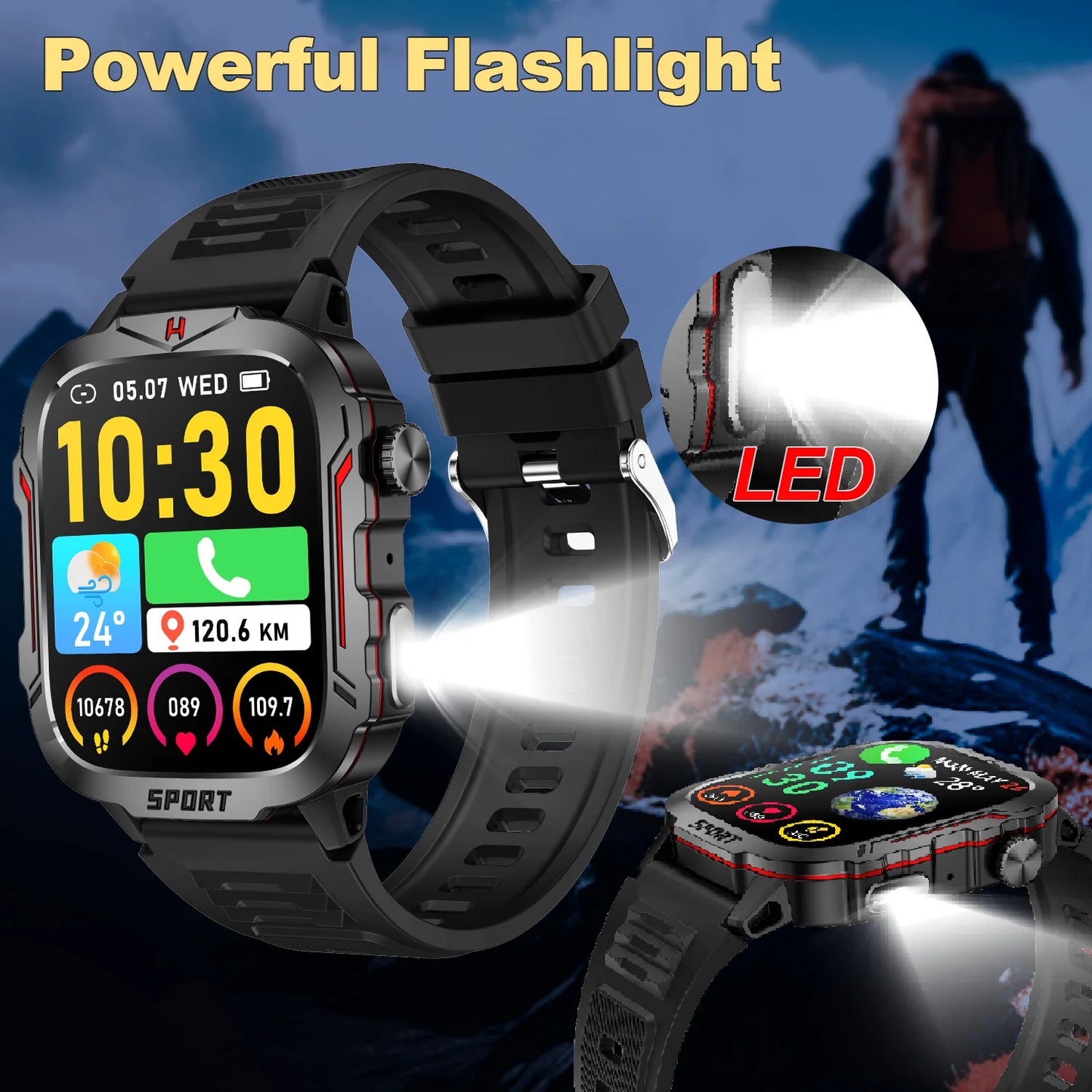 Strong Flashlight Smart Watch for Men/Women, 1.96'' Screen Fitness Tracker with AI Voice Assistant/ Bluetooth Call/ 100+Sports