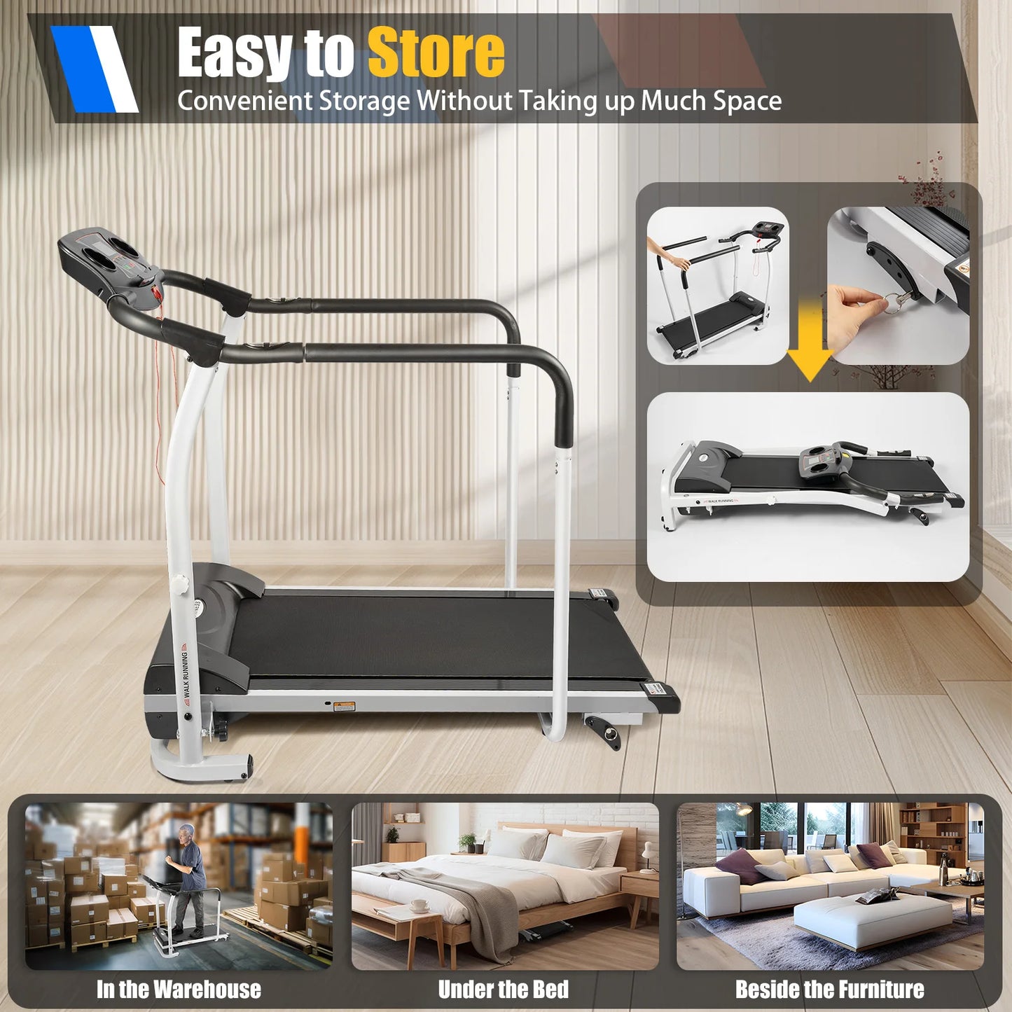 BulkHarbor Walking Treadmill with Long Handrail for Balance,  Recovery Fitness Exercise Machine Foldable,Adjustable Design
