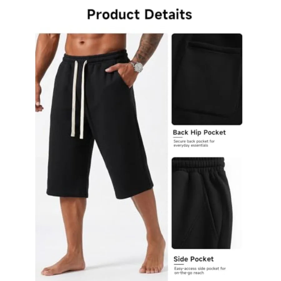 Men's Baggy Sweat Shorts Cotton Long Below Knee Fleece Capri Shorts 11" Athletic Casual 3/4 Pants with Pockets