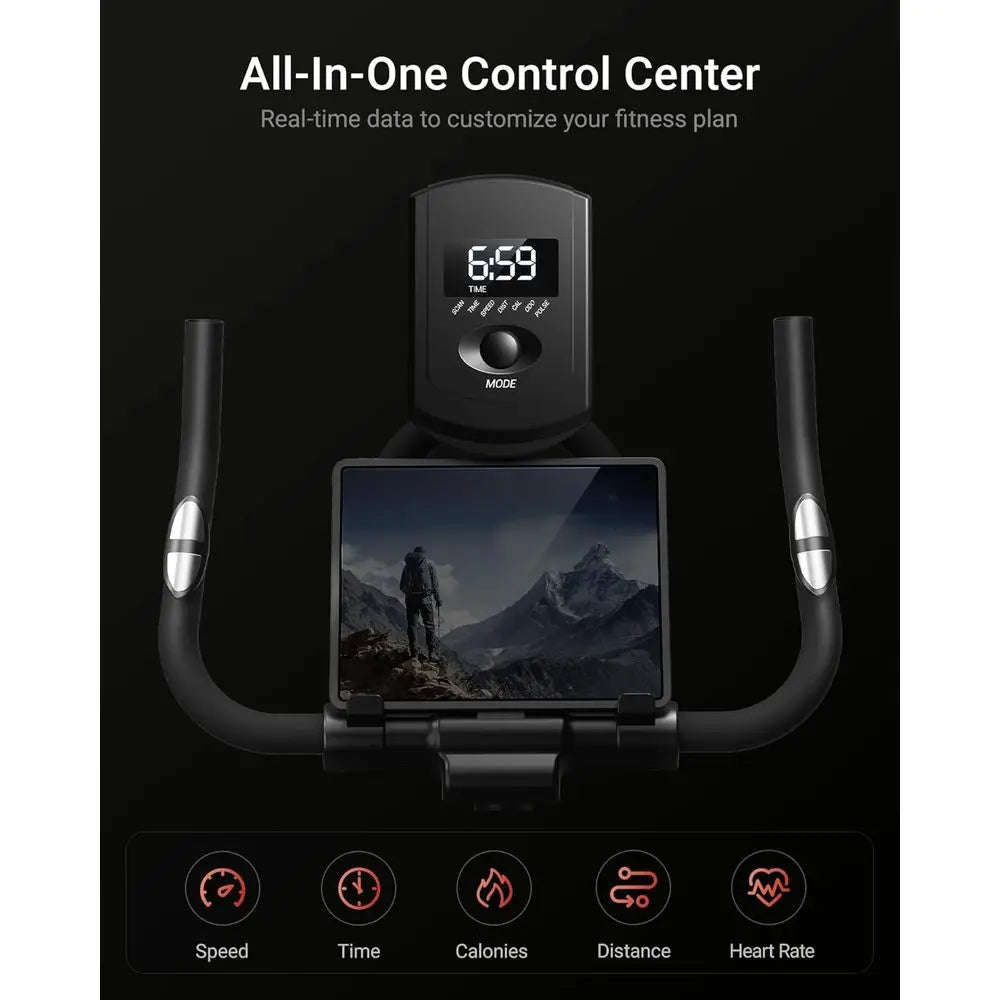 Stationary Exercise Bike Belt Drive Silent 0-100 Resistance With App Heart Rate Tablet Bottle Holder 300LB Home Cycling Workout