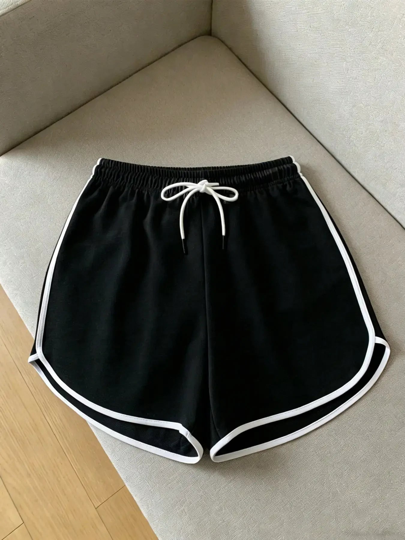2026 Women's Summer Casual Sports Shorts, Black Base With White Trim, Elastic Drawstring Waist, Comfortable Breathable Outdoor Fitness Shorts
