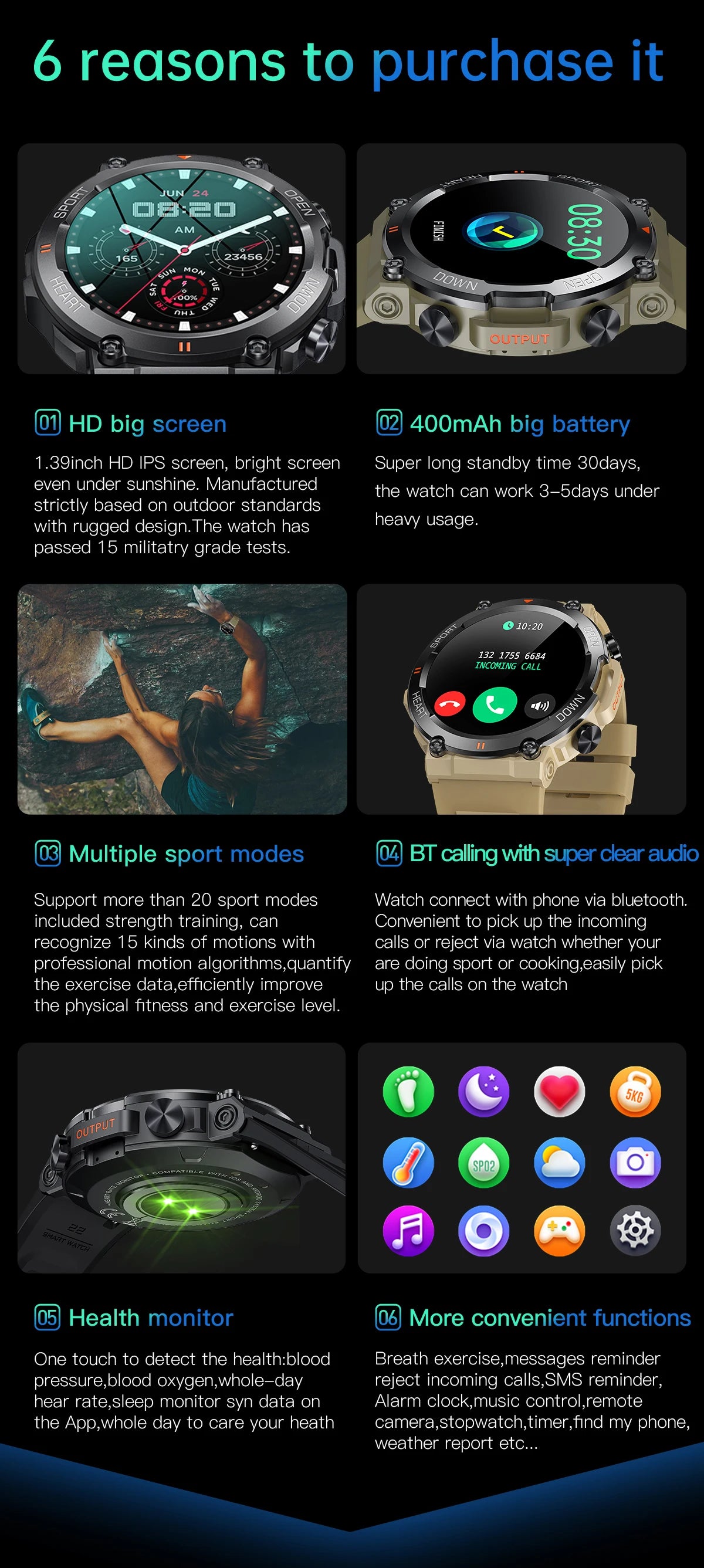 SENBONO Men's Smart Watch  Big Screen Bluetooth Call 400mAh Military Outdoor Sports Fitness Tracker Smartwatch Men Women K56