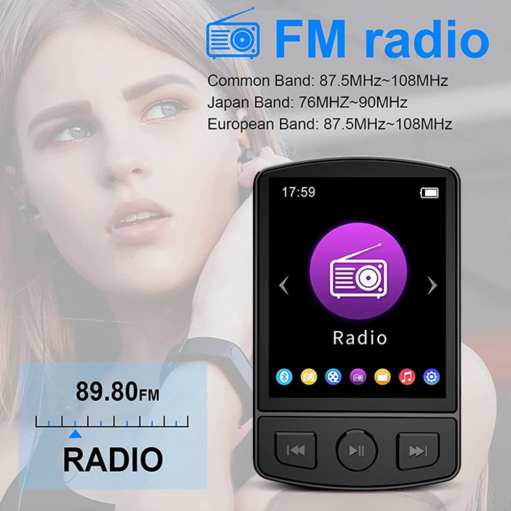 MP3 Player Portable Sport Clip Walkman Button Bluetooth-Compatible 5.2 Music Player 1.8inch Screen with FM Radio E-Book