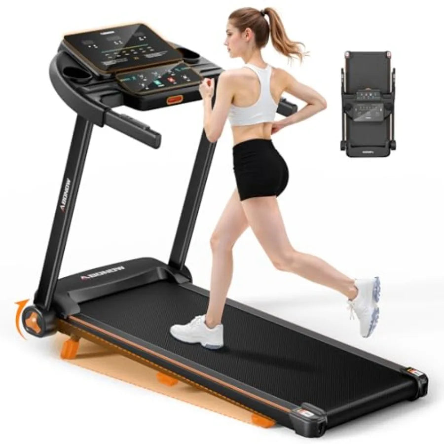 Foldable Treadmill for Home Use: Steel Frame Black Space-Saving Design with 15 Incline Dual LED Display 8.5MPH Speed Bluetooth