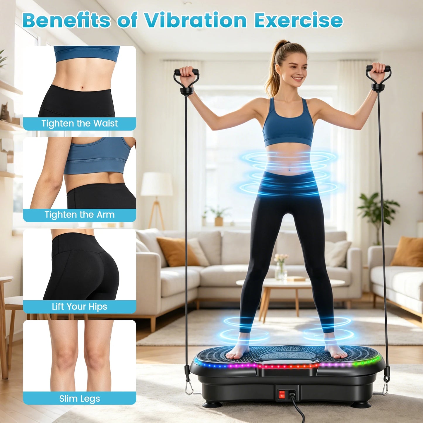Smart Vibration Plate Exercise Machine With LED Light Strip Deep Muscle Full Body Workout Fitness Platform with 200 Adjustable Speed Levels 10 Training Modes for Weight Loss Toning & Relaxation
