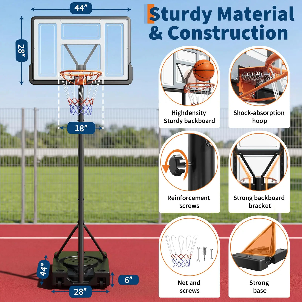 44 Inch Portable Basketball Hoop Outdoor, Adjustable 4.43-10FT Goal System With Wheels For Backyard Driveway Court Kids Adults