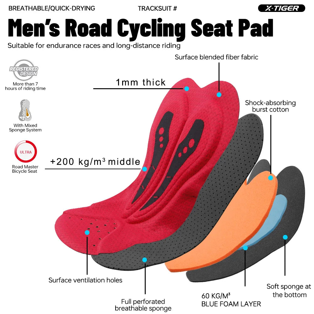 X-TIGER 2026 Men's Cycling Bib Shorts 7-Hour Competitive Version Summer Black Biking Shorts Hommes MTB Cycling Clothing Man with Pockets