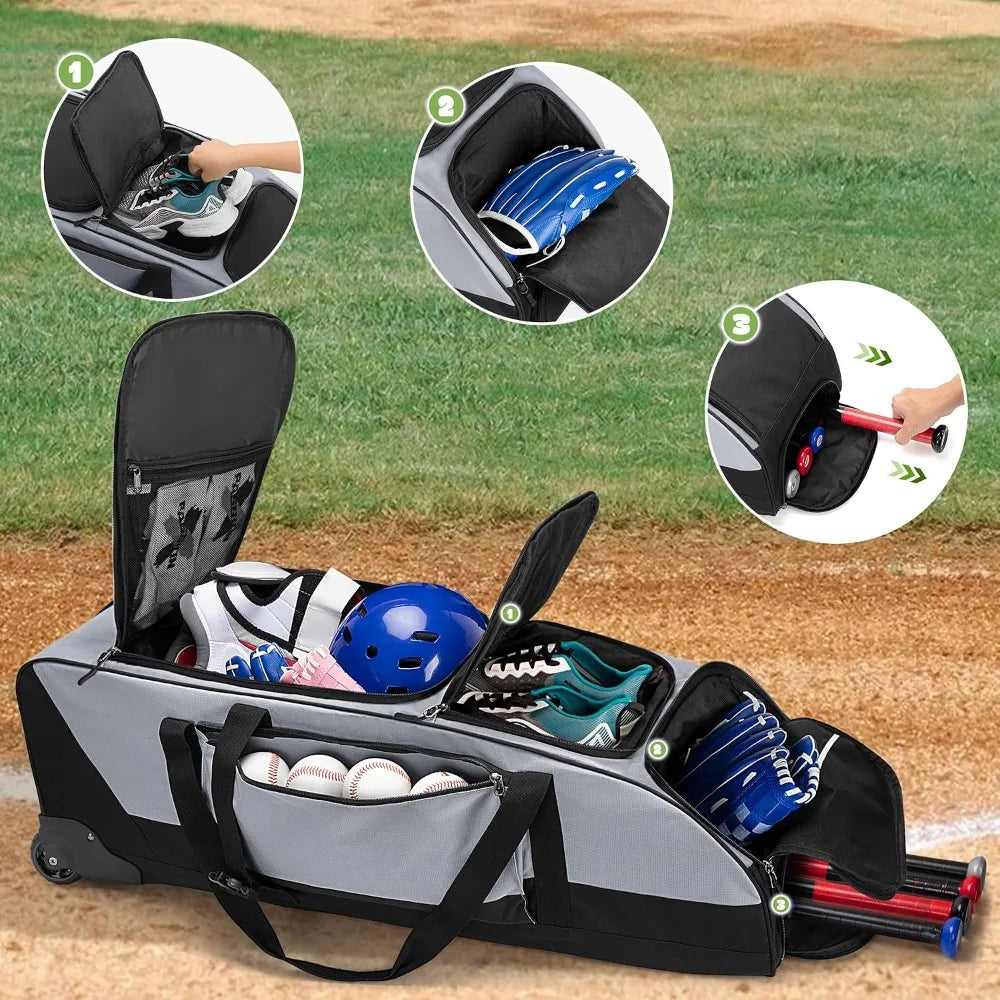 Rolling Baseball Softball Bag with Wheels for 4 Bats, Catchers Bag, Duffle Bag with Separate Shoe Space and Multiple Pockets for Gear, Gray