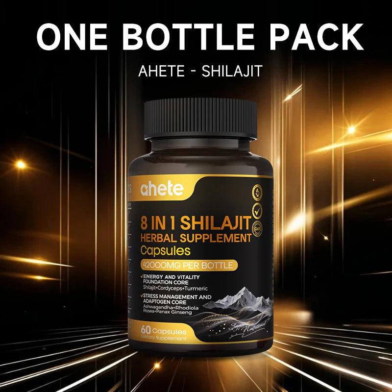 AHETE 8-in-1 Shilajit Capsules - Sports & Health Supplement Capsules With Shilajit, Indian Ginseng, Rhodiola Rosa, Cordyceps.