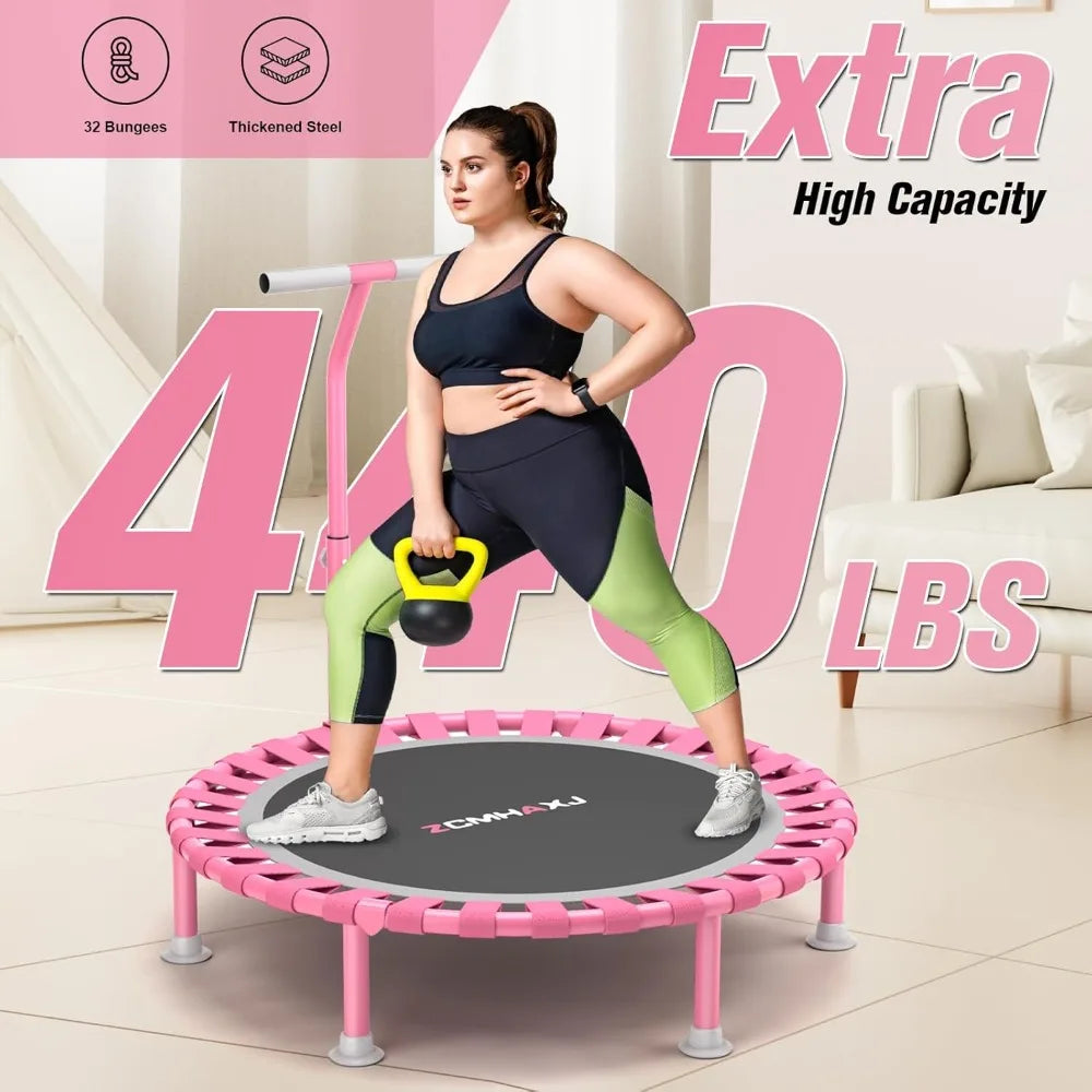 40" Foldable Mini Trampoline, 450lbs Capacity with T-Shaped Adjustable Bar for Adults & Kids, Indoor Fitness Rebounder