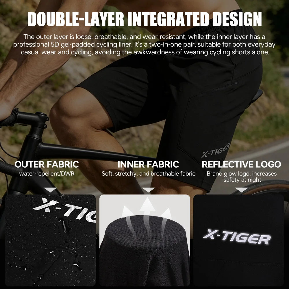 X-TIGER 2 in 1 Cycling Shorts Double Layer Loose Casual MTB Padded Shorts Waterproof Wearproof For Mountain Off-road Urban Commute Daily Wear