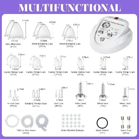 Salon Vacuum Cupping Massage Machine With 30 Multi-spec Cups 3 Separate Hoses 6 Adjustable Modes Max 70cmHg Strong Suction Relieve Back Pain Fat Reduction Anti-cellulite Body Shaping Spa Beauty Equipment