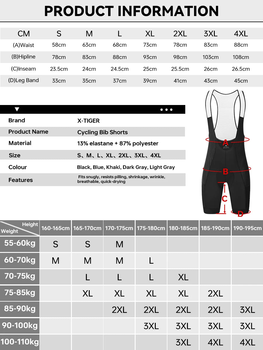 X-TIGER Men Cycling Bib Pants Anti-Slip Leg Grips 7-Hour Ride Padded Summer Riding Bike Bib Shorts with Side Pockets