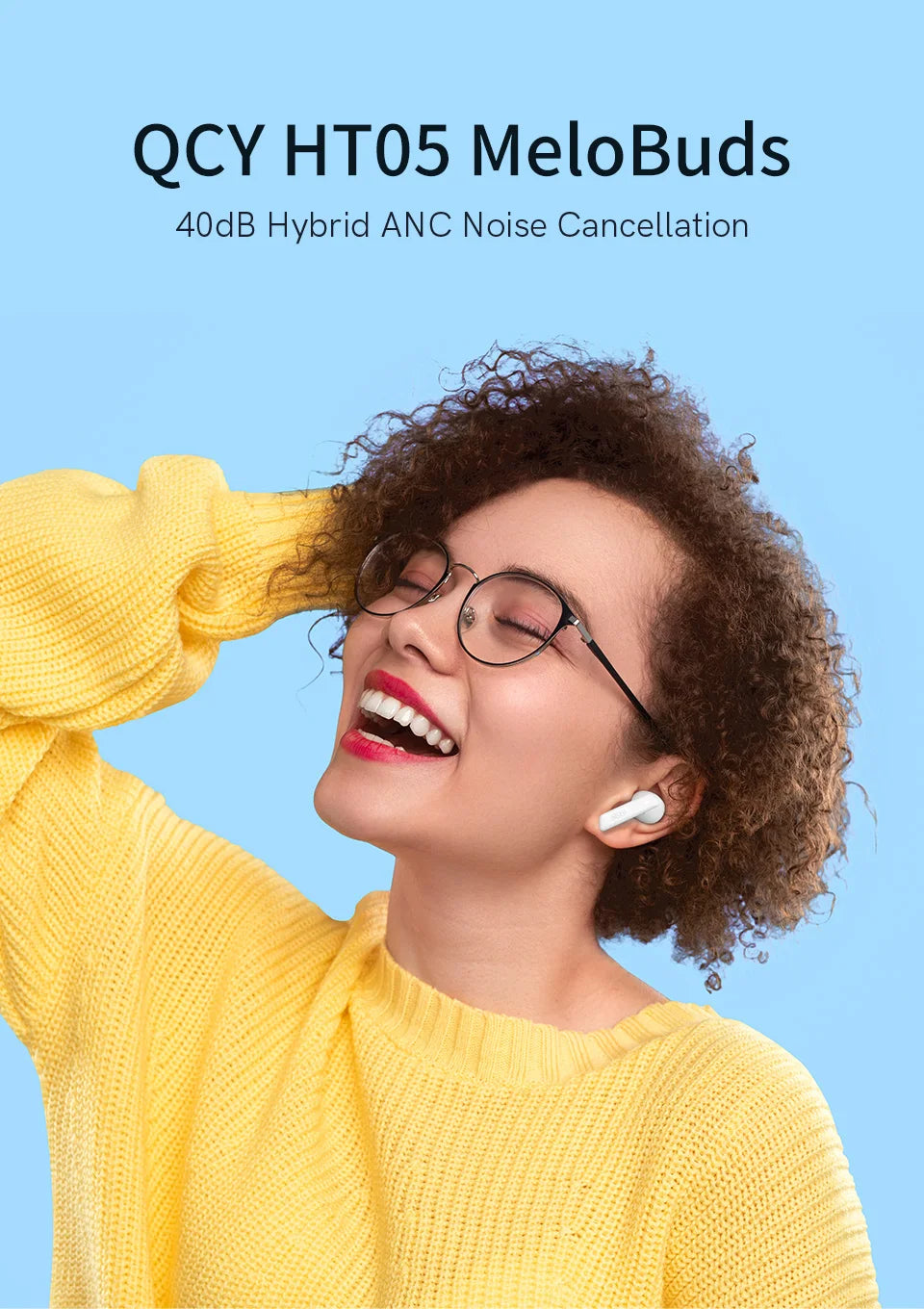 QCY HT05 MeloBuds ANC Wireless Earphone 40dB Noise Cancelling Bluetooth 5.2 Headphone 6 Mic ENC HD Call Earbud Transparency Mode