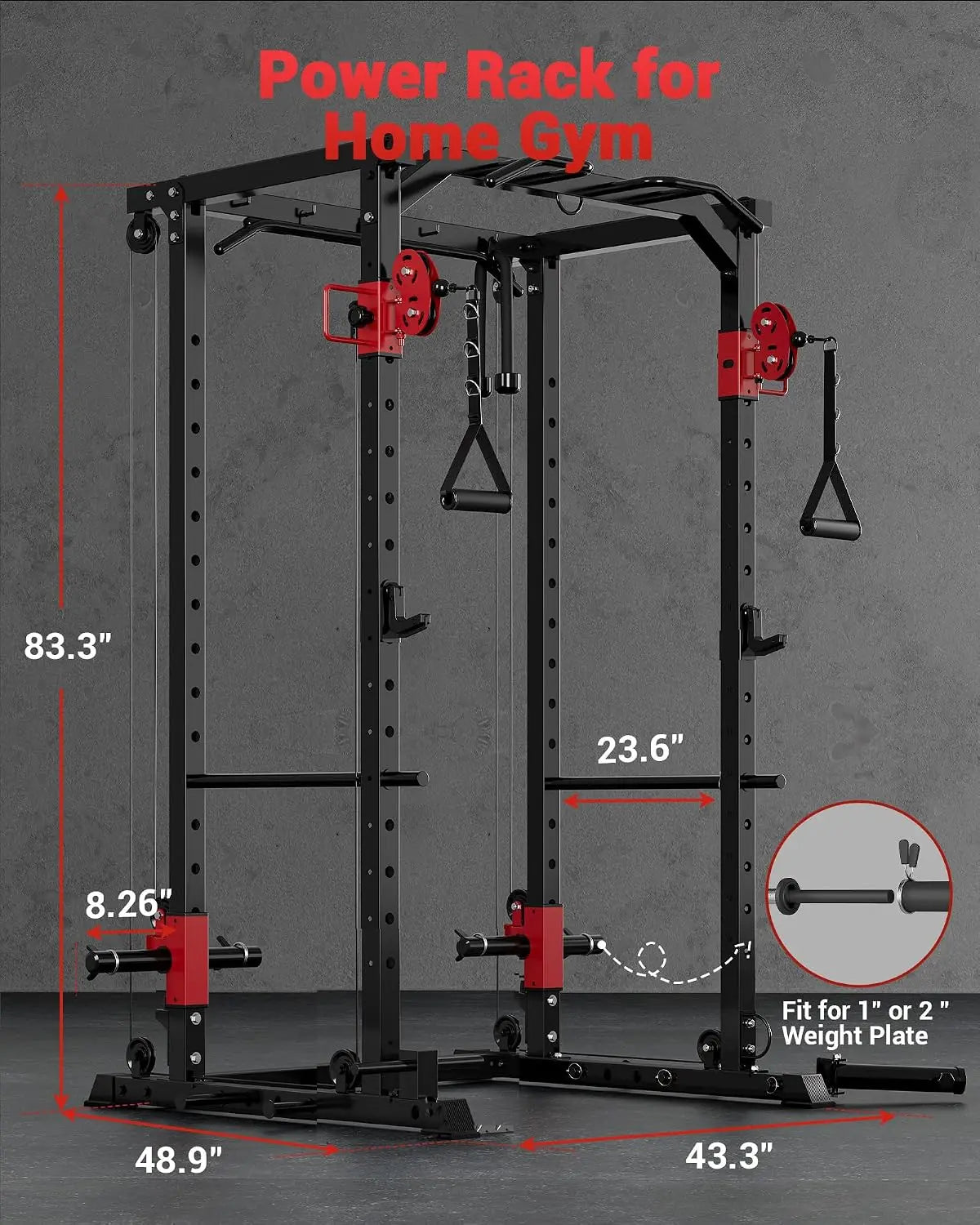 Multi-Functional Power Rack for Home Gym – Dual Pulley Cable System, 1200 lb Capacity Squat Cage with Training Attachments, Red