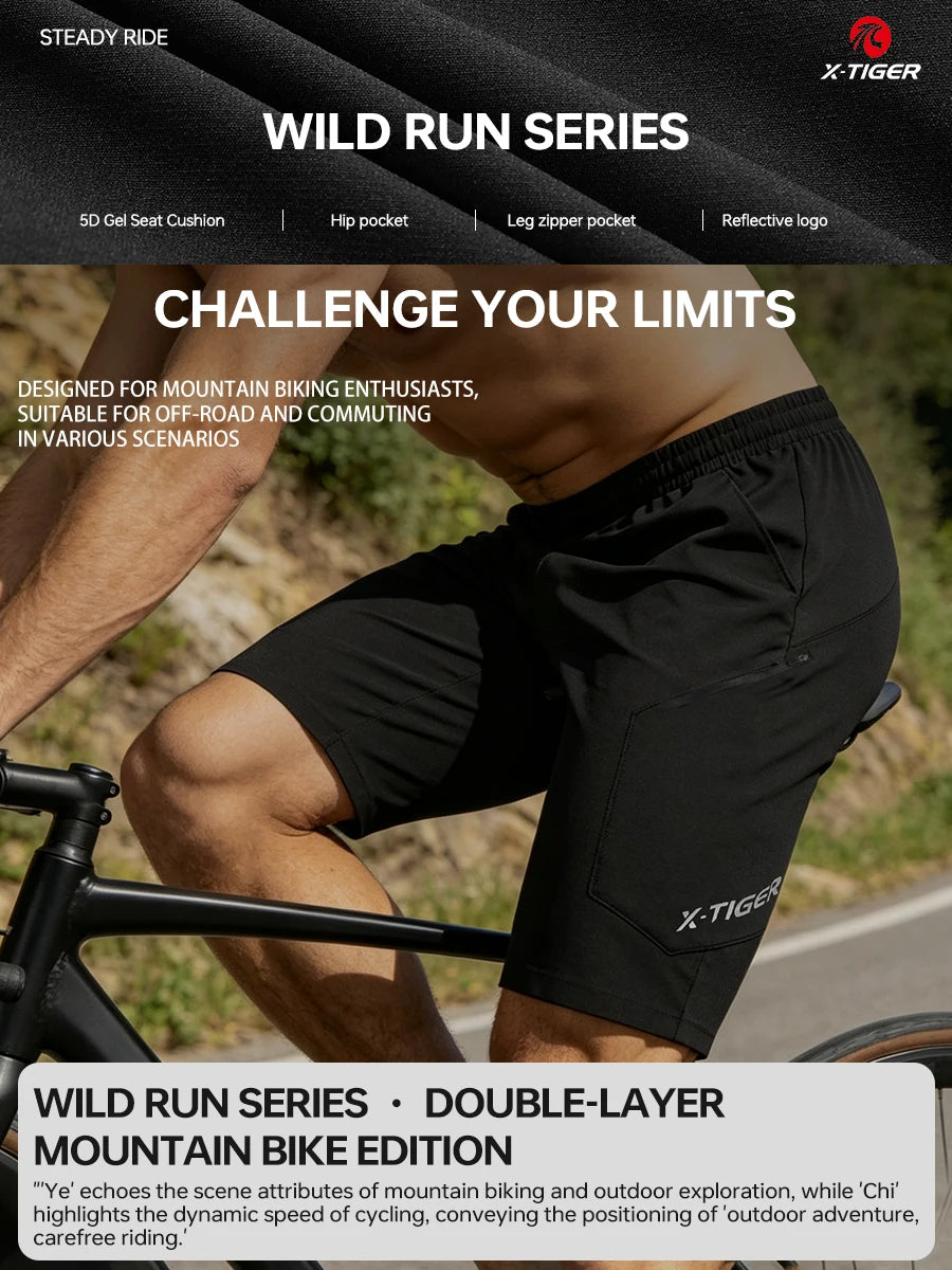 X-TIGER 2 in 1 Cycling Shorts Double Layer Loose Casual MTB Padded Shorts Waterproof Wearproof For Mountain Off-road Urban Commute Daily Wear