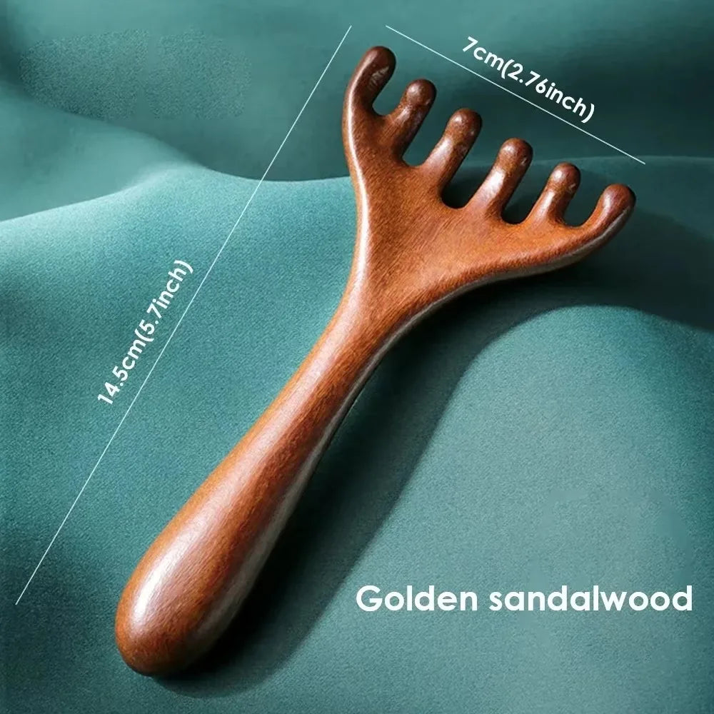Natural Golden Sandalwood Five-Claw Scalp Massager Gua Sha Tool Back Scratcher Spa Handheld Meridian Massage Comb Hair Care 2035