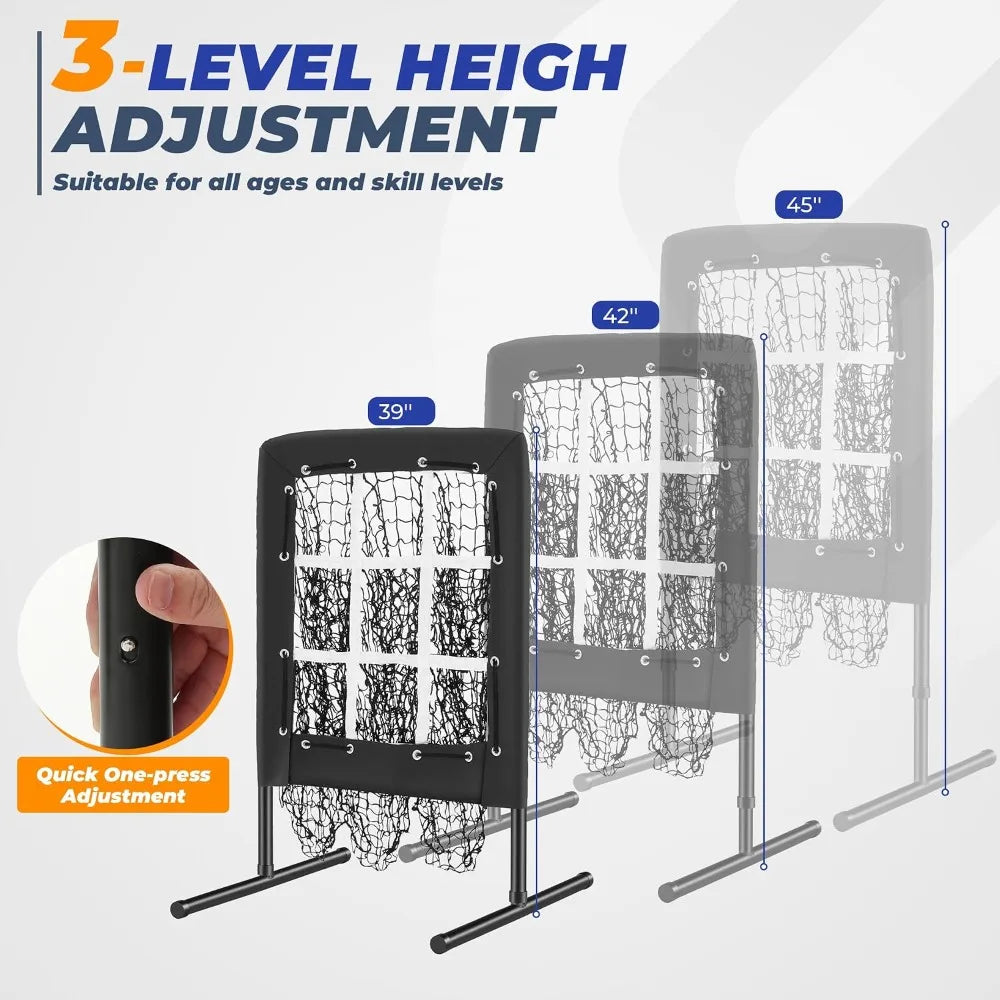 9 Hole Pitching Net, Portable Quick Setup Baseball Softball Nine Pocket Pitching Target with Strike Zone, Height Adjustable Pitcher Training Equipment with Carry Bag, 4 Ground Stakes