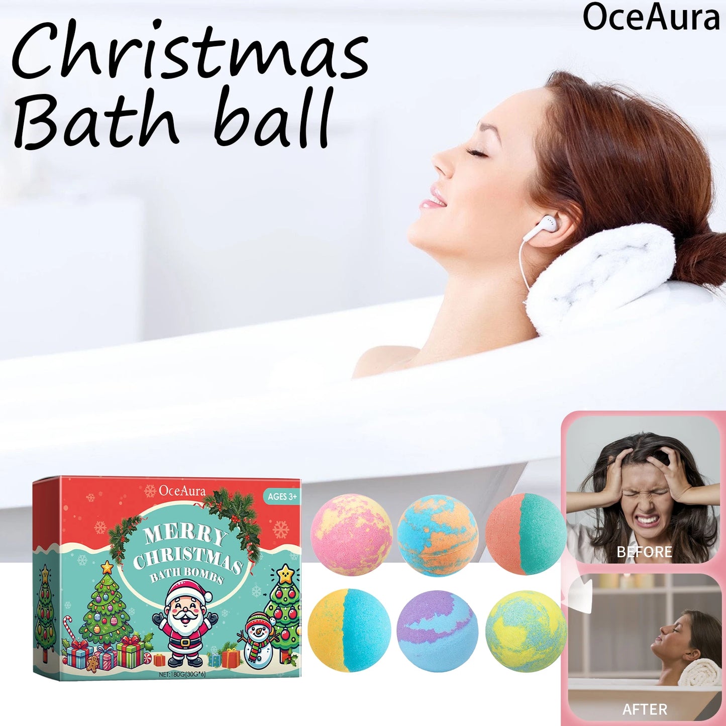 OceAura Christmas Bath Bombs Set 6PC Colorful Fizzy Bath Bombs with Essential Oils Moisturizing Bubble Bath for Soft Skin