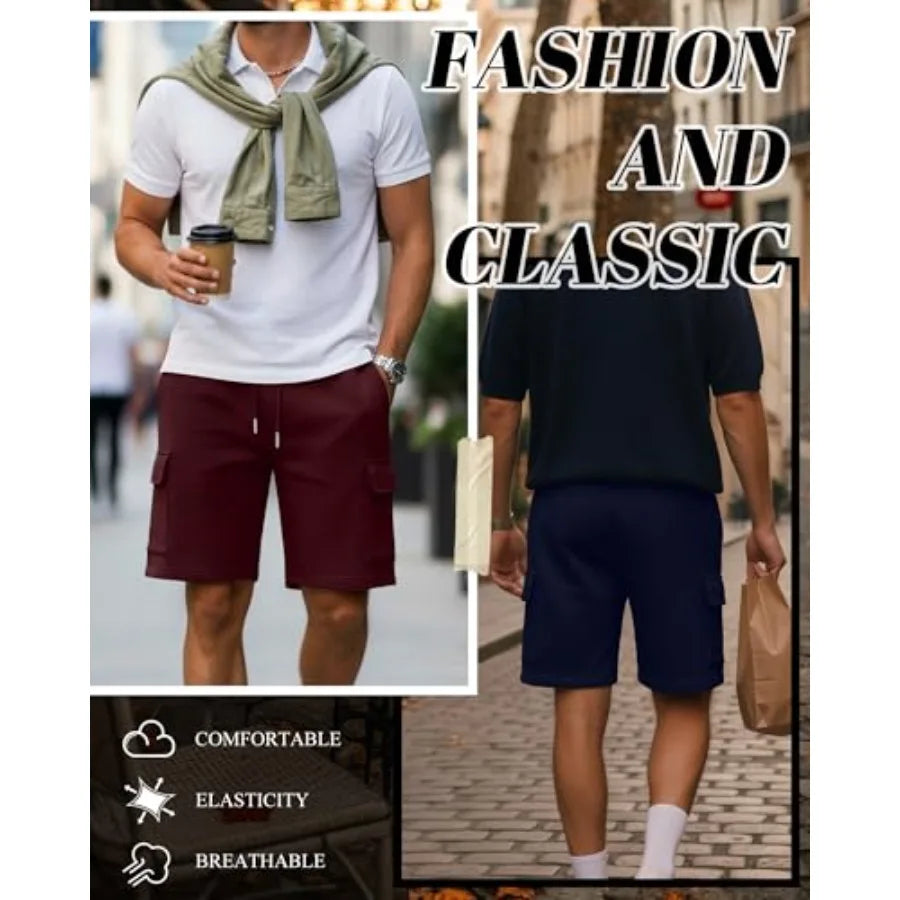 3 Pack Mens Cargo Shorts Summer Athletic 9" Sweat Shorts Drawstring Elastic Waist Bermuda Pants with 4 Pockets